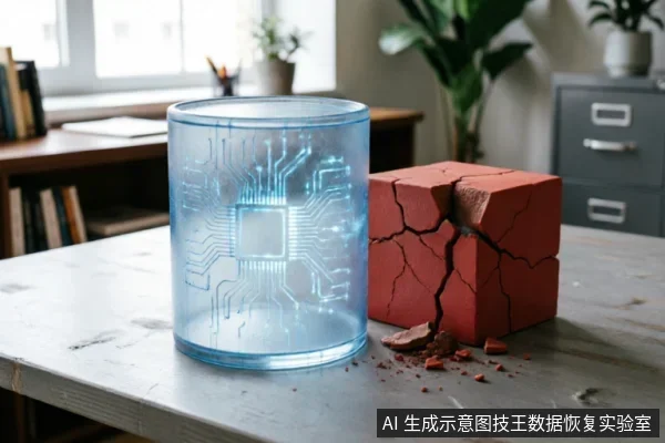 画面展示了一个印有发光蓝色电路图案的透明圆柱体,紧挨着一个表面布满裂纹且正在崩解的红砖块。两者并排置于木质桌面上,背景为模糊的办公环境,通过坚固的科技载体与破碎实体的对比,隐喻数据介质从物理损坏到逻辑保护的转变。
