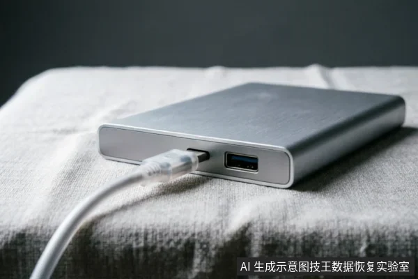 A silver external hard drive connected to a white USB cable, resting on a textured grey cloth surface.