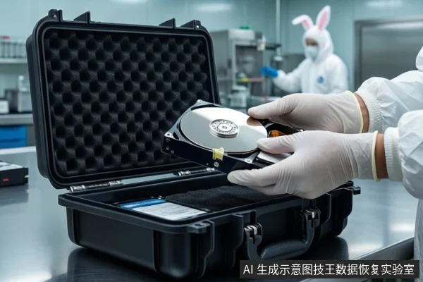 洁净室环境中,一双戴白色手套的手正持握一块打开外壳的机械硬盘,背景中一名穿白色无尘服的技术人员正在工作台前操作。