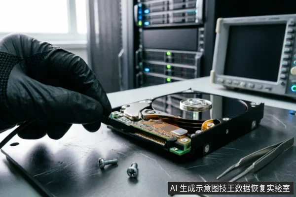 一只戴着黑色防静电手套的手正使用工具操作一块已拆开外壳的机械硬盘,露出内部磁盘与磁头组件。桌面上散落着螺丝和镊子,背景可见服务器机柜与测试仪器,呈现专业的硬件检测环境。