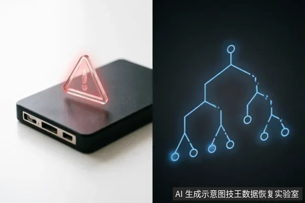 左侧展示一个黑色移动硬盘，上方悬浮着发光的红色三角形警告标志；右侧为深色背景下的蓝色发光树状结构图，象征文件系统目录或数据层级。