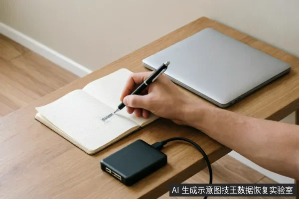 木质桌面上放置着一台闭合的银色笔记本电脑和一个连接着数据线的黑色移动硬盘盒。画面右侧伸出一只手,正握笔在打开的空白笔记本上书写记录,整体呈现出对硬件设备进行状态记录或方案规划的场景。