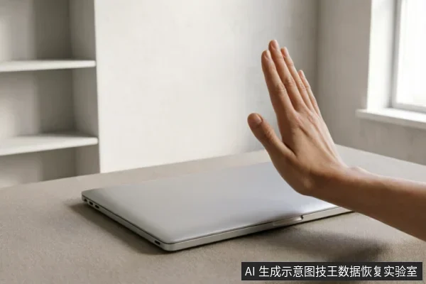 一只手掌在闭合的银色笔记本电脑前做出明显的停止手势,示意拒绝操作或立即中断。背景为简洁的桌面与置物架,光线明亮,直观传达出“禁止通电”或“紧急断电”的警示含义。