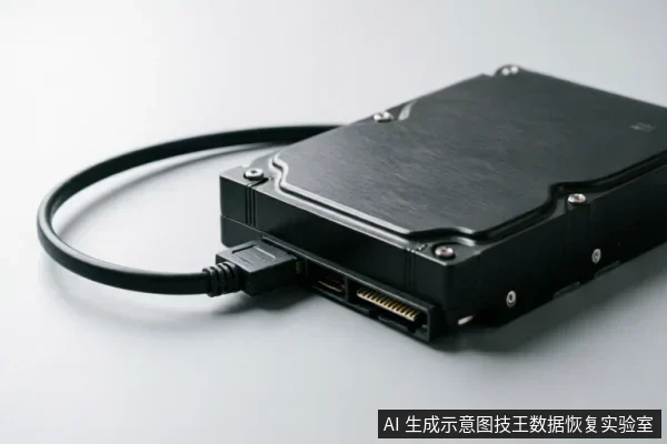 画面展示一块黑色机械硬盘,侧面连接着一根USB转SATA数据线。接口处可见金色的SATA数据与供电针脚,线缆已插入端口,背景为纯净的灰白色,无其他干扰物体。