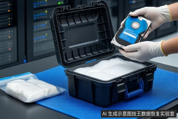 蓝色防静电垫上放置一个打开的黑色防震箱,箱内铺有白色泡沫。右侧一双戴白色手套的手正握持一块蓝色机械硬盘,悬停在箱子上方。左侧桌面上平放一个装有白色填充物的透明自封袋,背景为模糊的服务器机柜。