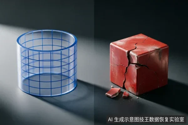 图片分为左右两部分,左侧为一个蓝色网格构成的透明圆柱体框架,象征逻辑结构或软件层面的隔离;右侧为一个表面布满裂纹且正在崩解的红色立方体,象征物理介质的损坏与数据丢失。两者形成鲜明对比,直观展示了介质状态修复与数据内容提取之间的本质区别。
