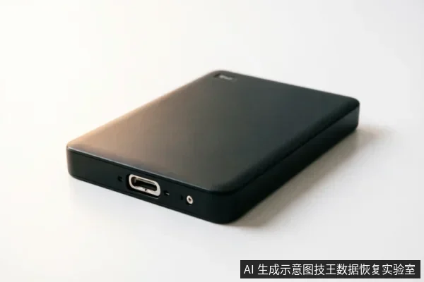 画面展示了一个放置在白色背景上的黑色长方形移动硬盘,侧边清晰可见USB-C接口及状态指示灯孔位,设备外观完好,无屏幕显示或内部结构拆解细节。