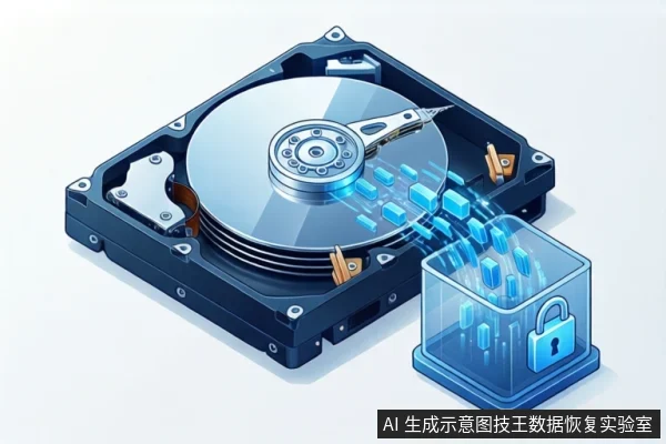 白色背景上斜放一块打开外壳的机械硬盘,盘片上方有蓝色数据块流向右侧带挂锁的透明立方体,右下角有固定标识。
