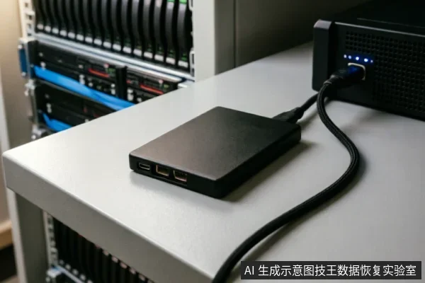一个黑色移动硬盘通过USB数据线连接至右侧的黑色扩展设备,放置在白色桌面上。背景模糊可见服务器机柜及蓝色线缆,呈现出典型的数据中心或硬件检测环境。