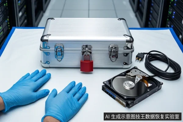 白色防静电工作台上，中间为闭合的银色金属防震箱，箱前挂有红色挂锁。左侧一双戴蓝色手套的手平放在桌面上，右侧平放一块打开外壳的机械硬盘和一根盘绕的黑色线缆，背景可见服务器机柜。