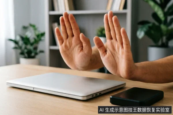 木质办公桌上放置着一台闭合的银色笔记本电脑和一个黑色移动硬盘，一双男性的手掌在设备上方做出明显的“停止”或“拒绝”手势，示意用户切勿操作。背景为模糊的书架和绿植，营造出居家办公环境。