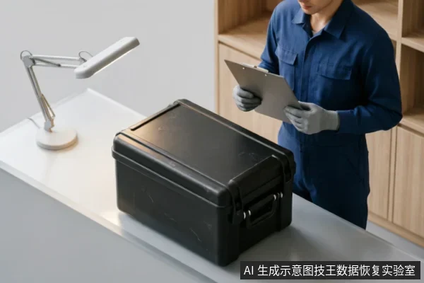 画面展示了一位身穿蓝色工装、戴着灰色手套的专业人员,正手持写字板核对信息。他面前的白色工作台上放置着一个黑色的硬质防护箱,旁边有一盏台灯,背景为木质置物架,整体呈现出严谨的设备接收或检测场景。