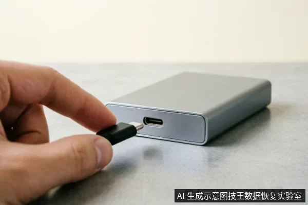 特写镜头展示一只手正将USB Type-C数据线插入银灰色移动硬盘的接口中，演示基础物理连接操作，背景简洁，主体清晰。