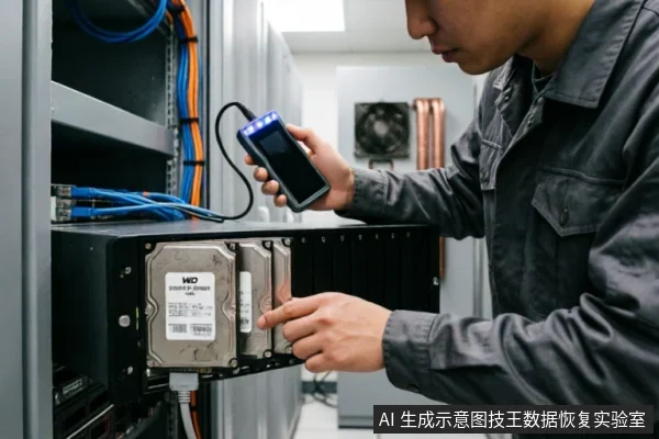 一名身穿灰色工装的技术人员正在服务器机柜前操作，左手持蓝色手持检测仪器连接硬盘，右手手指指向安装在托架上的WD机械硬盘，背景可见整齐排列的蓝色与橙色线缆。
