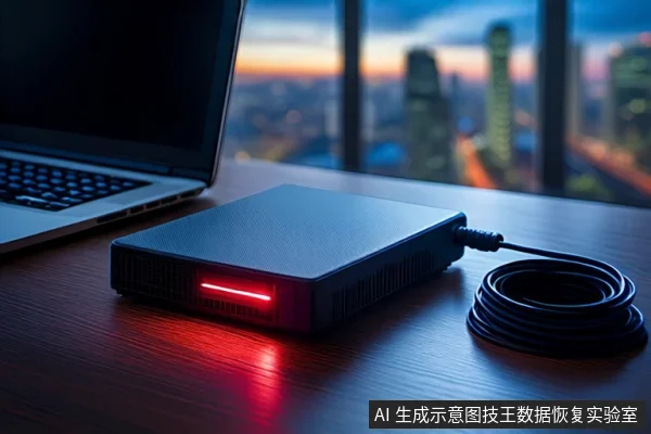 深色木桌上平放一个黑色外接硬盘盒，正面亮着红色指示灯，右侧盘绕着一根黑色USB线缆。左侧有一台屏幕关闭的银色笔记本电脑，背景是模糊的城市夜景窗户。