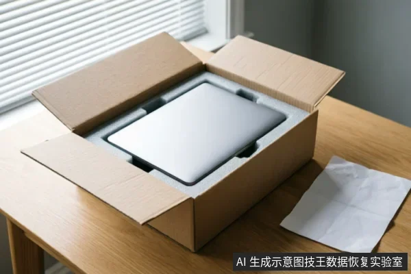 一台闭合的银色笔记本电脑被稳妥地放置在瓦楞纸快递箱内的泡沫缓冲槽中,旁边放有包装填充纸,展示了设备寄修前的打包状态。