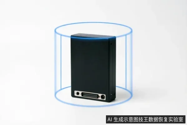 画面展示了一个黑色的机械硬盘，周围环绕着蓝色的半透明圆柱形光效线条。背景为纯白色，无其他杂物，整体呈现出一种科技感或数据扫描的视觉效果。