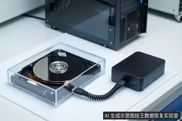 白色桌面上，左侧透明盒内平放一块打开外壳的机械硬盘，右侧黑色外接硬盘盒通过黑色螺旋数据线连接，背景有一台黑色塔式主机。