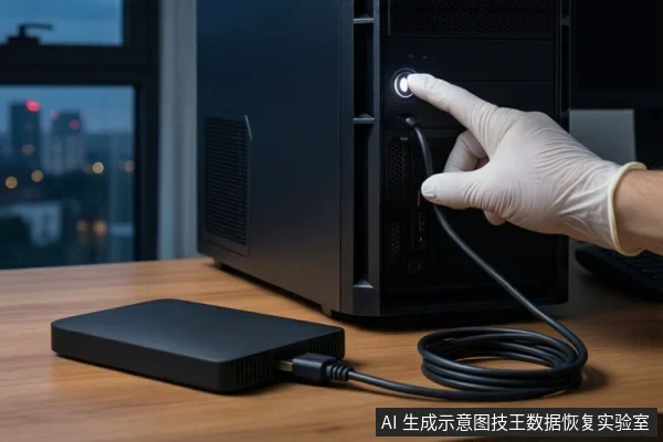 木质桌面上，一只戴白手套的手正按压黑色台式主机的电源按钮。主机旁平放着一块黑色移动硬盘，连接着一根盘绕的黑色USB线缆，背景是模糊的城市夜景。