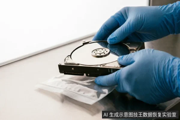 戴着蓝色防静电手套的双手正托举着一块裸露的机械硬盘,准备将其放入透明密封袋中。背景为洁净的金属台面,展示了在专业环境下对精密存储介质进行隔离保护的操作场景。