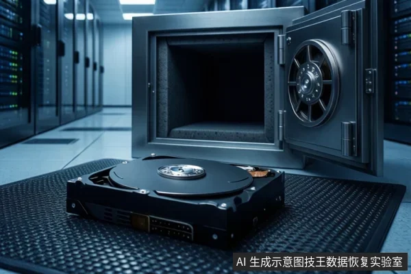 机房环境中,一块打开顶盖的机械硬盘放置在防静电垫上,后方有一台打开门的金属保险柜。