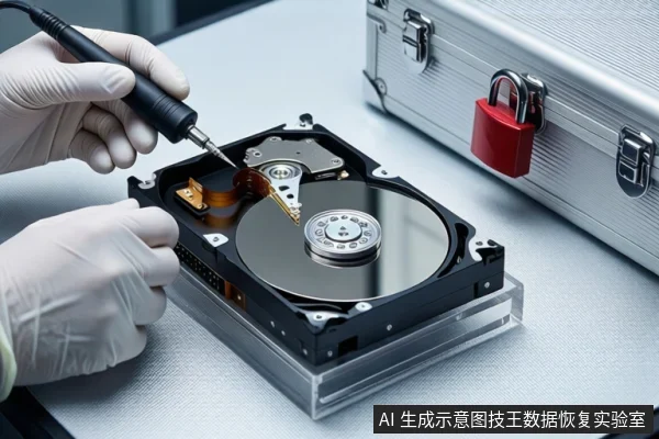 白色桌面上,一双戴白色手套的手持黑色工具,正对透明底座上打开外壳的机械硬盘进行操作,右侧放置挂有红色挂锁的银色金属防震箱。