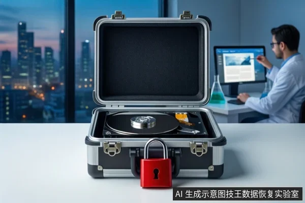白色桌面上，一个打开的银色防震箱内平放一块机械硬盘，箱前挂有红色挂锁；背景中一名穿白大褂的人坐在电脑前操作，窗外为城市夜景。