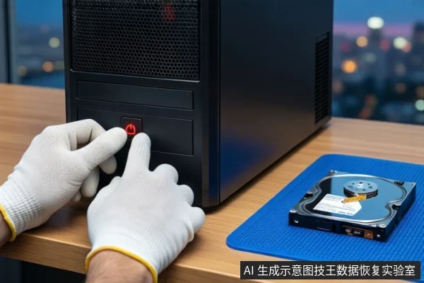 木质桌面上,一双戴白手套的手正按压黑色塔式主机的红色电源按钮,右侧蓝色防静电垫上平放一块打开外壳的机械硬盘,背景为模糊的城市夜景。