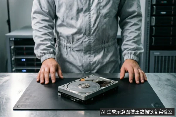 画面展示了一名身穿灰色防静电工作服的技术人员,双手按在黑色操作垫上。垫子中央放置着一块已拆解外壳的机械硬盘,清晰可见内部的磁盘盘片与磁头组件。背景为模糊的服务器机柜,呈现出专业的数据恢复实验室环境。