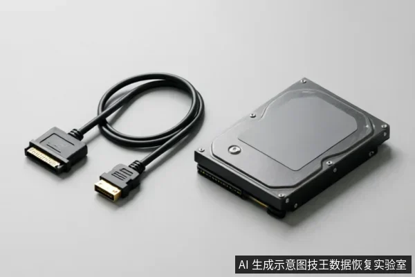 白色背景上放置着一块3.5英寸机械硬盘和一条SATA数据线。线缆两端分别为数据接口和电源接口,呈盘绕状置于硬盘左侧。画面清晰展示了存储设备及其连接配件的外观结构。