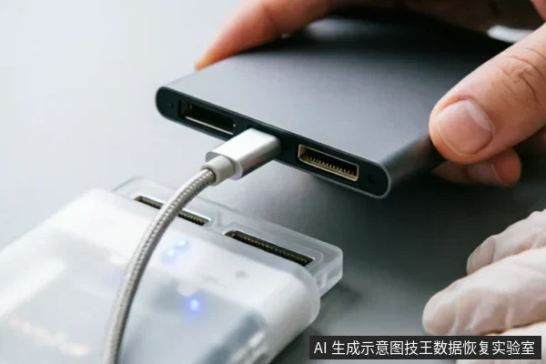 一只戴白色手套的手正握持黑色移动硬盘,将其通过编织数据线连接至带有蓝色指示灯的透明底座读取设备,展示了专业存储介质接入检测环境的操作场景。