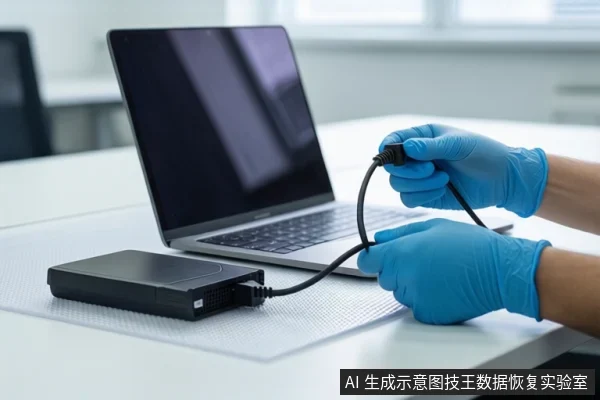 白色桌面上,左侧放置一台银色笔记本电脑和一个黑色移动硬盘,两者通过黑色线缆连接。右侧一双戴蓝色手套的手正在整理线缆。