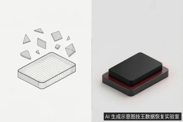 图片左侧为线框示意图,展示一个网格状矩形块上方悬浮着破碎的几何碎片,象征数据结构的瓦解或文件系统的损坏;右侧为一个黑色矩形移动硬盘放置在带有红色光晕的底座上,呈现硬件实体状态。