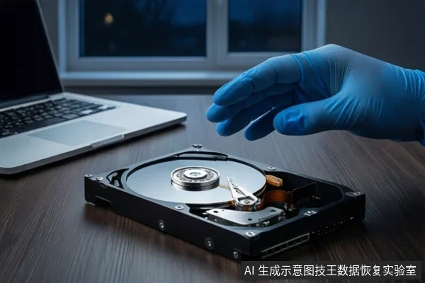 深色木桌上平放一块打开外壳的机械硬盘，可见盘片、主轴和磁头臂。右侧一只戴蓝色手套的手掌张开悬停在硬盘上方。左侧有一台打开的银色笔记本电脑，背景是夜晚的窗户。