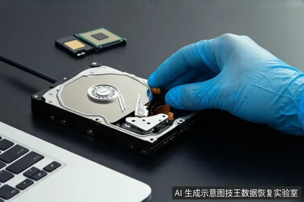 深色桌面上,一只戴蓝色手套的手正在操作一块打开外壳的机械硬盘,手指触碰磁头臂区域。左下角可见银色笔记本电脑键盘,背景有存储芯片。