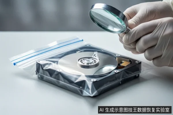 白色桌面上,一个透明自封袋内平放一块打开外壳的机械硬盘,露出盘片与磁头组件。右侧戴白手套的双手正持握一个放大镜,悬停在硬盘上方进行观察。