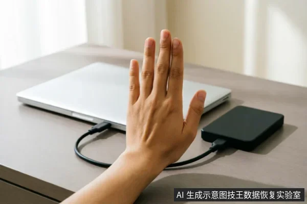 画面展示了一只手在连接着笔记本电脑和移动硬盘的数据线中间做出“停止”的手势。该动作直观地传达了禁止操作、中断连接或暂停尝试的含义,形象地配合了文中关于不建议反复通电、应停止不当干预以保护数据的建议。
