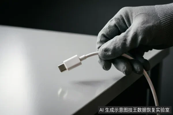 一只戴着灰色防静电手套的手，正捏着一根白色数据线的USB-C接口悬停在光滑的桌面上方。画面聚焦于接口与手部动作，背景虚化，体现了专业操作环境下的连接或检查细节。