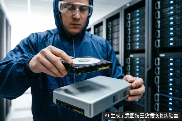 身穿蓝色防静电服的技术人员手持裸露的机械硬盘与银色移动硬盘盒,背景为亮着蓝灯的数据服务器机柜。画面展示了存储硬件组件及其在专业数据环境下的对比场景。