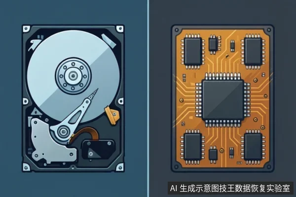 深灰背景上左右并列两块存储设备示意图:左侧为打开外壳的机械硬盘,可见盘片、主轴和磁头臂;右侧为橙色电路板,中央有主控芯片,四周分布多颗存储颗粒。