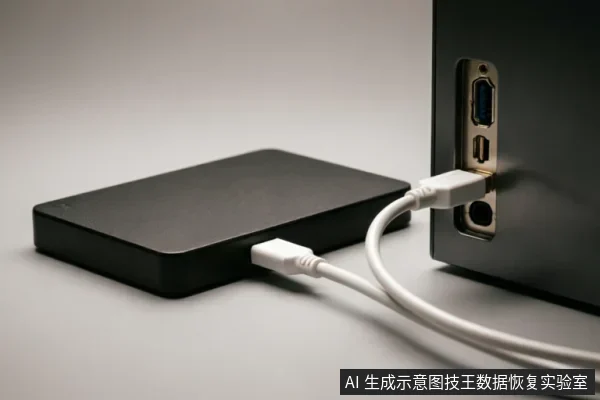 图片展示了一个黑色移动硬盘通过白色USB数据线连接至台式机后置接口面板的场景,清晰呈现了设备与主机的物理连接状态及接口细节。