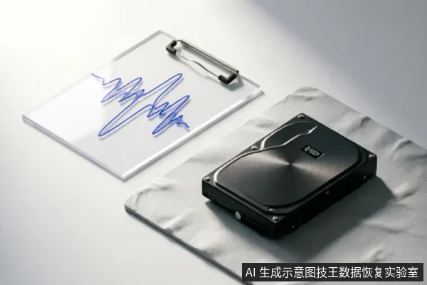 画面展示了一块放置在白色软布上的黑色机械硬盘,旁边立着一个透明写字板,板上夹着一张画有蓝色波浪线(类似心电图或信号波形)的纸。整体构图简洁,象征对设备状态的记录与监测。