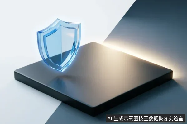 一个发光的蓝色透明盾牌悬浮在黑色方形底座上方,背景由白色与深灰色几何色块拼接而成,光线柔和。画面无文字,象征数据安全防护、只读镜像备份及防止二次损坏的保护原则。