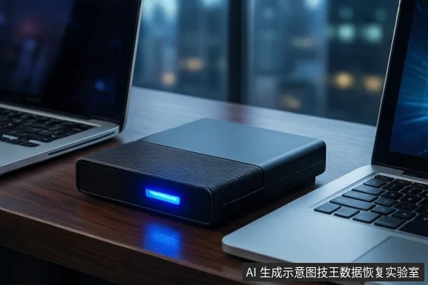 深色木桌上平放一个黑色外接硬盘盒,正面亮着蓝色指示灯。左右两侧各有一台银色笔记本电脑,屏幕显示模糊内容。背景是模糊的城市夜景窗户。
