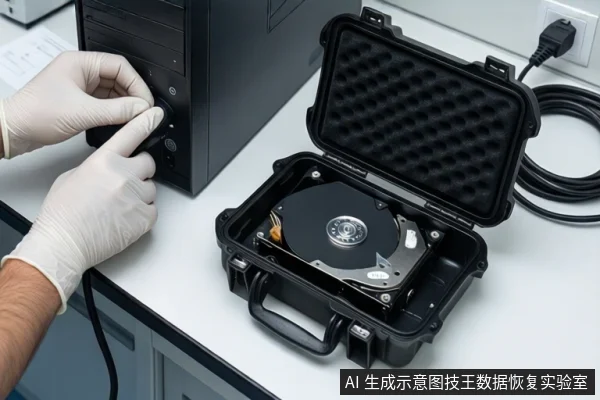 白色台面上，一双戴白手套的手正在按压黑色台式主机的电源按钮。右侧是一个打开的黑色防震箱，箱内嵌有一块裸露的机械硬盘。背景可见电源插座和线缆。