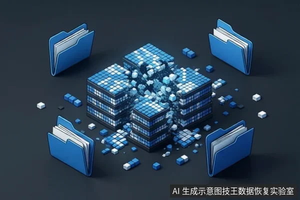 深色背景中,中央是一个由蓝色和白色方块组成的立方体结构,正在崩解并散落出碎片。四周环绕着四个蓝色文件夹图标,地面上散落着许多小方块。