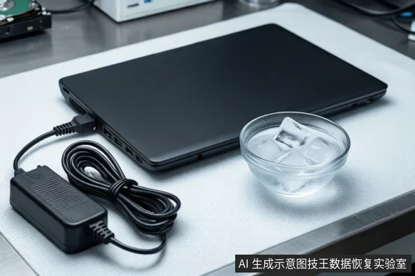 白色桌面上平放一台闭合的黑色笔记本电脑,旁边有一根盘绕的黑色电源线和适配器,右侧放着一个装有冰块的透明玻璃碗。