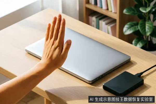 画面展示了一只手悬停在闭合的银色笔记本电脑上方，做出停止或拒绝的手势。电脑旁连接着一个黑色的外接移动硬盘，背景为书架和绿植。整体场景示意在数据恢复或故障排查过程中，应立即停止操作并避免进一步写入。