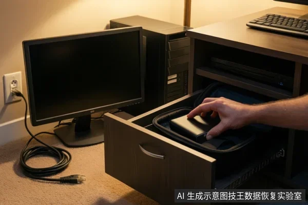 办公桌旁，一只手正从打开的抽屉中取出一个装在黑色保护盒里的硬盘，旁边有显示器、主机和键盘。