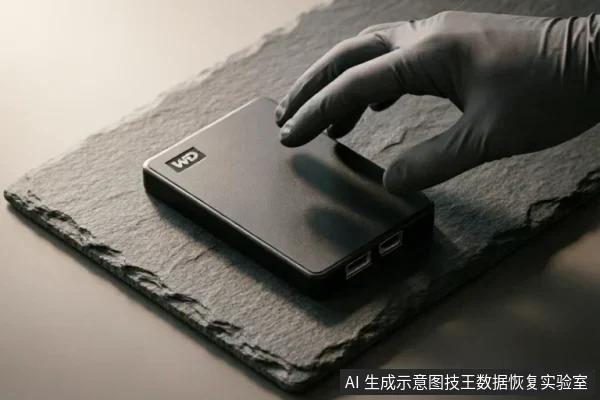 一只戴着灰色防护手套的手正悬停在一块黑色WD移动硬盘上方,硬盘放置于粗糙的深灰色石板底座上。画面特写展示了设备侧面的USB接口与品牌标识,光影质感突出,呈现出专业、冷静的技术检测氛围。